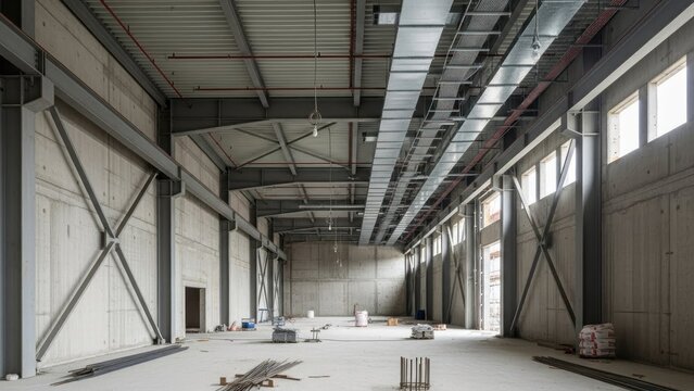 A large, empty warehouse with a high ceiling and metal beams, featuring windows on one side and large doors on the other