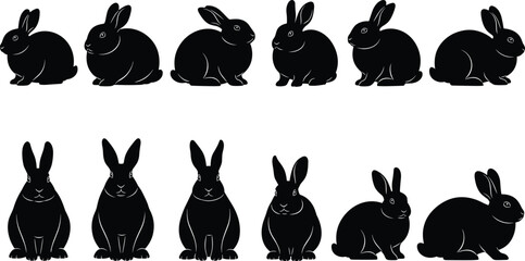 Rabbit silhouettes in side and front views, diverse animal vector illustration, bunny poses with ears upright, wildlife design elements for creative projects © MstSahana