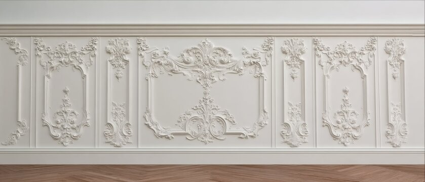 Classic rococo architectural element as a white wall bas-relief with stucco details, suitable for backgrounds in design portfolios, luxury branding, or historical themes.