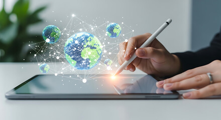 Person using stylus on tablet with holographic global network visualization hand globe
