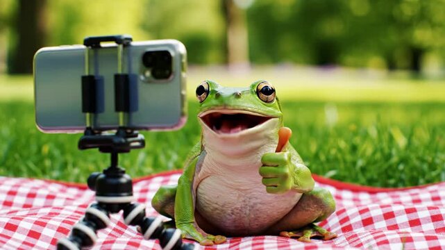 Funny green frog recording video on smartphone in park