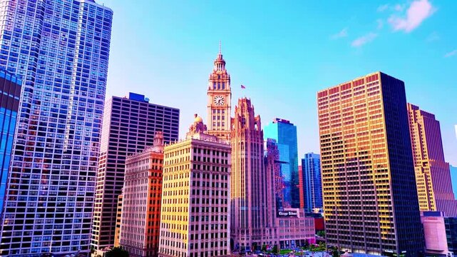 An up-close drone shot weaving through downtown Chicago&rsquo;s towering skyscrapers, capturing the sharp lines, reflective glass, and powerful scale of the city&rsquo;s iconic architecture.