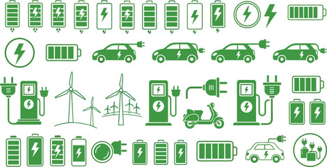 Electric Vehicle and Charging Station Icon Set with EV Car Battery Plug and Renewable Energy Symbols © PUTUL
