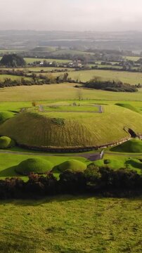Ireland heritage neolithic passage tomb Knowth and Newgrange, Bru Na Boinne. Drone vertical