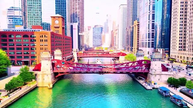 An up-close drone shot weaving through downtown Chicago&rsquo;s towering skyscrapers, capturing the sharp lines, reflective glass, and powerful scale of the city&rsquo;s iconic architecture.