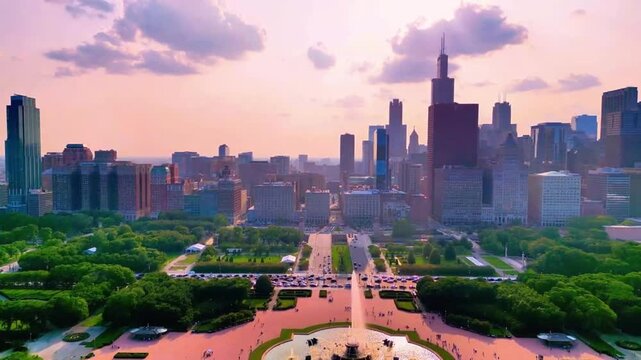 A cinematic drone shot of Chicago viewed from over Lake Michigan, featuring the iconic skyline rising in the background and Buckingham Fountain in the foreground,