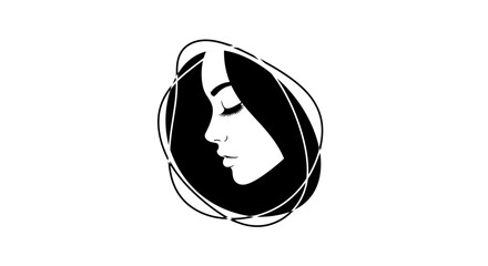 Minimalist black and white illustration of a woman's profile enclosed in abstract organic shapes, suggesting contemplation or inner peace.