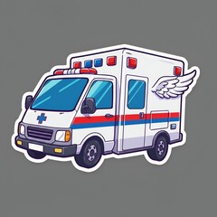 Cartoon ambulance with wings symbolizing fast medical response and emergency transport, a white vehicle with red and blue accents.