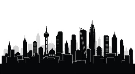 Obraz premium Modern cityscape silhouette with diverse skyscrapers against a bright white background.