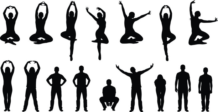 Silhouette illustration of diverse human postures, expressive dance and yoga stances, static standing figures, black vector artwork design concept