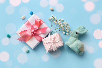 Fototapeta premium Gift boxes with Easter bunny and gypsophila flowers on blue background