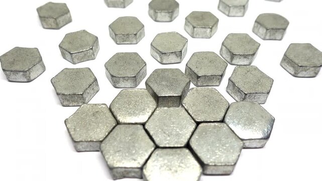 Slow tilt down on an arrangement of zinc hexagons.