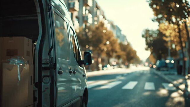 Delivery van on urban street with boxes inside  
