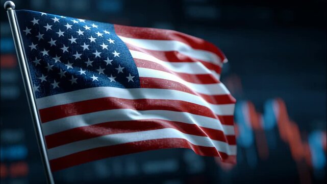 American flag waving in front of stock market data background  
