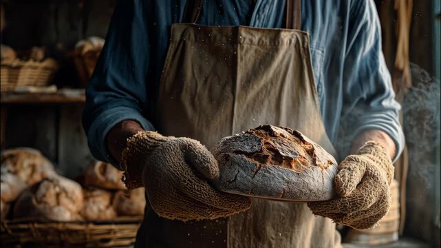 Baker holding freshly baked bread in rustic bakery setting  