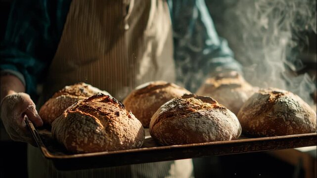 Baker holding freshly baked loaves of bread on a wooden tray  