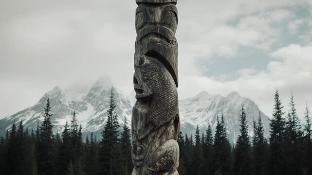 Totem pole in mountainous forest landscape.