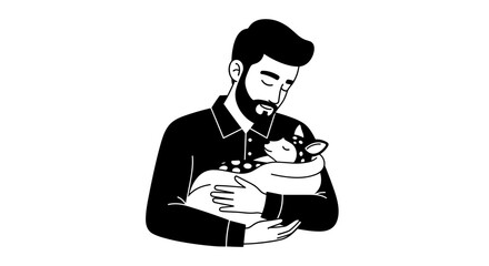 Gentle man tenderly embracing his beloved small dog a heartwarming connection and pure love depicted in a minimalist