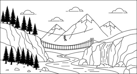 Adventure park zipline activity over a deep canyon with a waterfall and river below mountains and pine trees