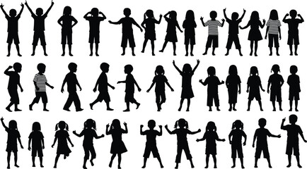 Silhouettes of children in expressive standing and playful poses, childhood activity concept, body language study, educational illustration design © MstSahana