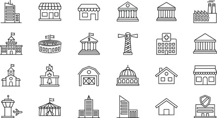 Public and Commercial Building Icon Set with Bank Hospital School Factory and Government Outline Symbols © tofajjol studio