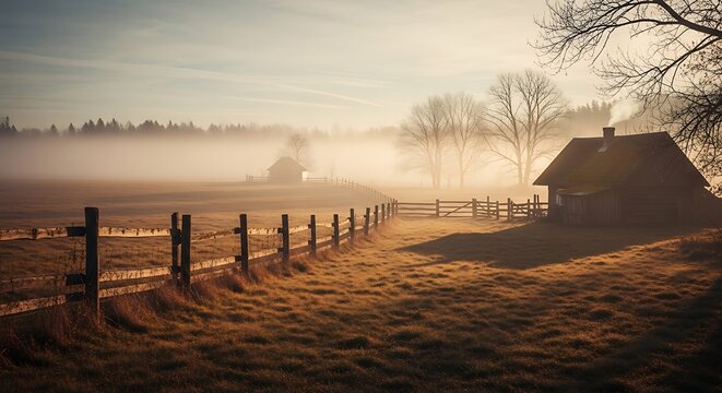 Serene rural landscape with foggy fields and rustic wooden fence