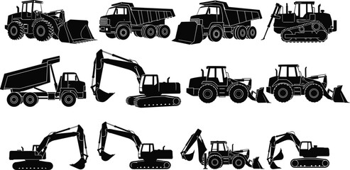 Silhouettes of construction vehicles including tractors, bulldozers, excavators, dump trucks, and loaders, engineering concept, heavy machinery illustration design © MstSahana