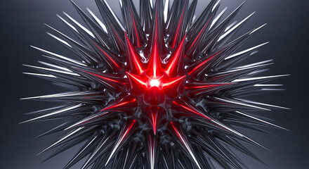 Abstract metallic spiky sphere with glowing red core and sharp pointed edges against a dark gradient background
