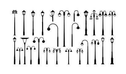 Urban Street Lamp and Lamppost Silhouette Mega Collection Isolated on White Vector
