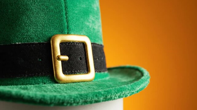Green leprechaun hat with golden buckle on orange background