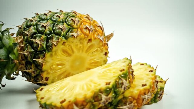 Fresh pineapple fruit cut into slices on white background