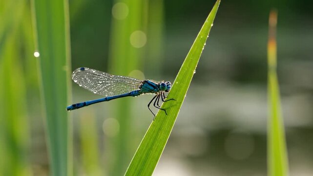 Close-up of a blue damselfly perched on a vibrant green blade of grass.