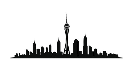 Obraz premium Modern cityscape silhouette at dusk, showcasing a vibrant urban skyline.