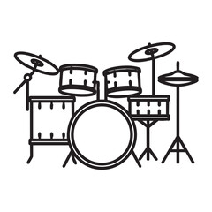 A black and white drawing of a drum set
