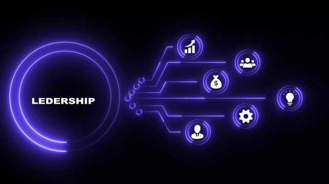 Neon Red Leadership Concept with Business Icons and Data Flow on Black Background strategy success