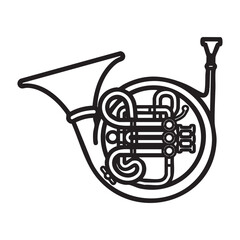A black and white drawing of a french horn