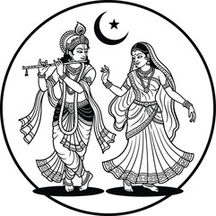 Traditional black and white illustration of Hindu deities Krishna and Radha, divine love, flute playing, dancing, cultural art, mythology, devotion, spirituality, and religious symbolism © Monjurul
