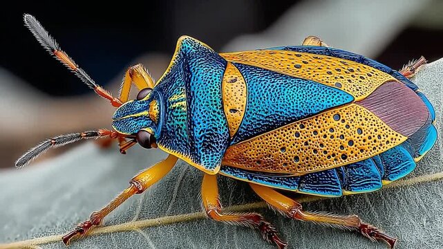 A striking close-up image of a shield bug, showcasing its vibrant colors and intricate details, perfect for nature-themed content or illustrating biod