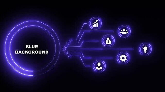 Neon Blue Goal Setting Concept with Business Icons and Flowchart on Black Background objectives planning