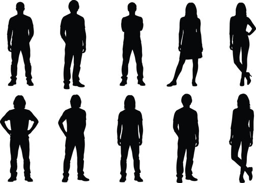 Silhouettes of diverse men and women standing in different poses, human posture concept, gender representation, body language illustration design