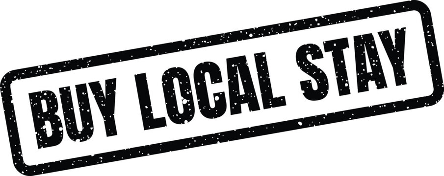Distressed rubber stamp effect with &ldquo;BUY LOCAL STAY&rdquo; text promoting community accommodations