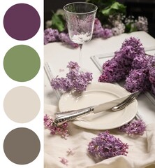 Beautiful table setting with lilac flowers. Different color patterns
