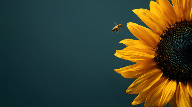 Honey Bee Approaching a Vibrant Yellow Sunflower on Dark Teal Background