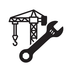A crane and a wrench are shown in a simple black and white drawing