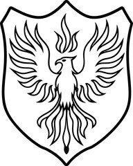 Obraz premium Phoenix rising emblem on shield with flames, mythological bird symbol of rebirth and immortality design