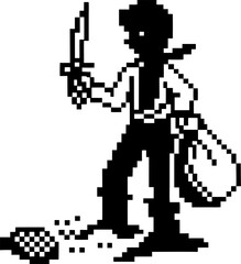 Fototapeta premium pixel art pirate character holding a knife and sack with treasure on the ground