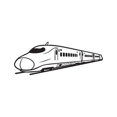 A black and white drawing of a bullet train