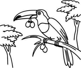 Toucan bird perched on branch holding fruit in beak with tropical trees around nature wildlife illustration