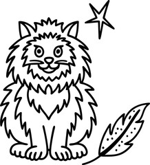Obraz premium Fluffy cat sitting with a feather and star, cute feline animal illustration, playful pet drawing
