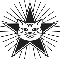 Stylized cat face inside a black star with radiating lines, minimalist animal emblem design